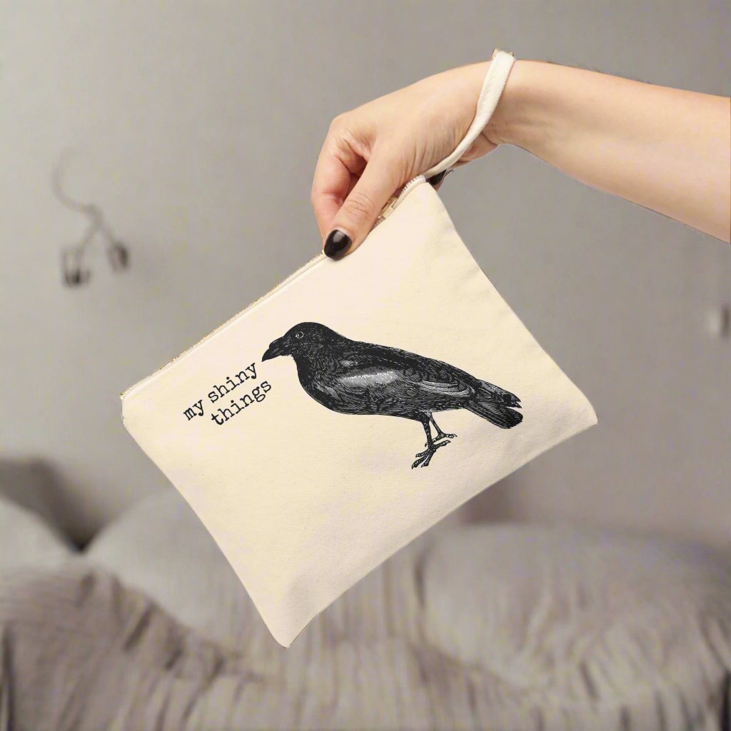 crow bird animal my shiny things funny illustration Victorian canvas zip bag pouch tote mini purse suitcase rucksack carry organize store storage office work home house lady woman funny humor cotton canvas gift present 