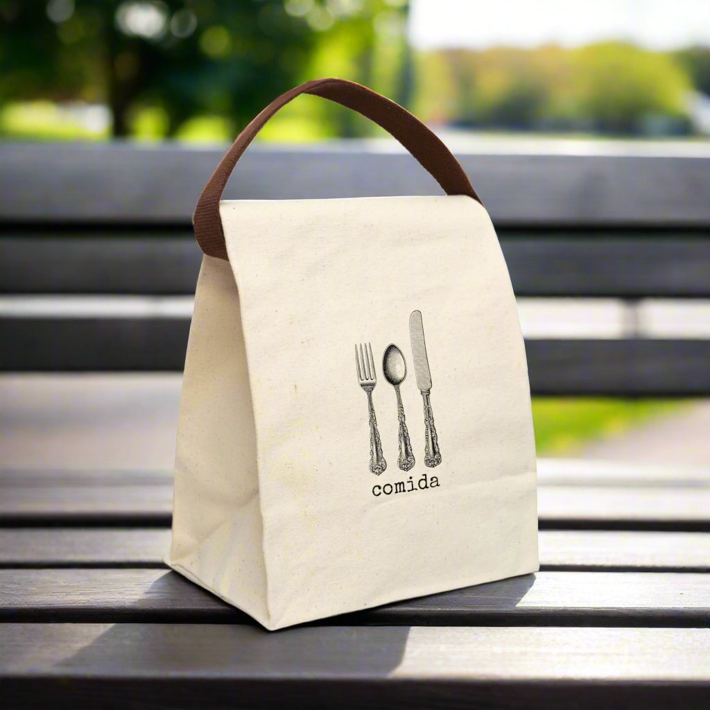 almuerzo Spanish Spain Hispanic Latino knife fork spoon cutlery  Victorian illustration quote word play funny humor joke gift present lunch bag canvas cotton reusable eco-friendly meal eat food dinner breakfast hungry kitchen cook work school cafeteria midday co-worker carry out take-away on-the-go sandwich drink sub 