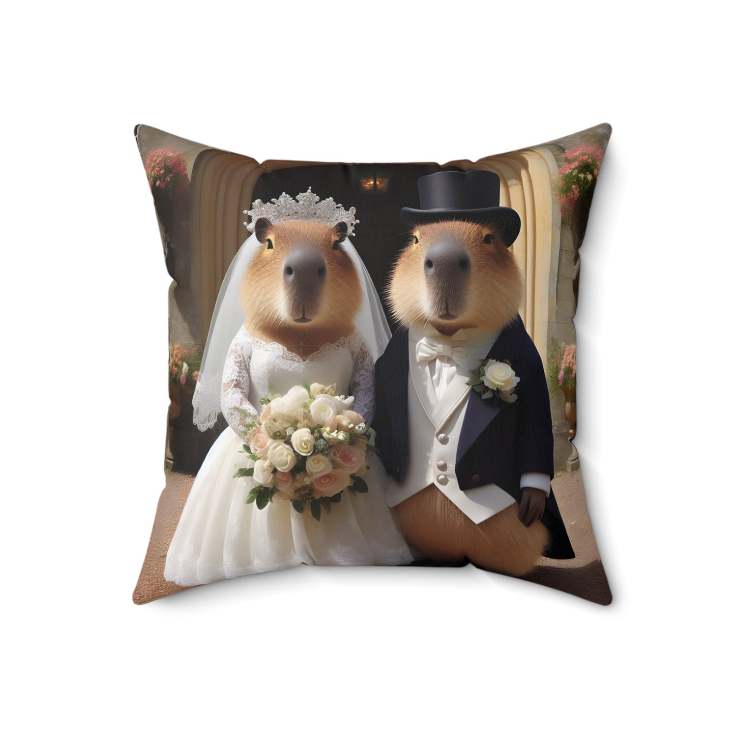 Square Pillow - capybara bride and groom