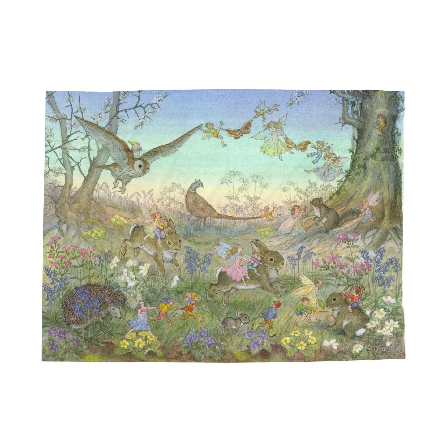 A plush blanket featuring an artistic depiction of rabbits and fairies in a fantasy setting with much foliage and flowers.
