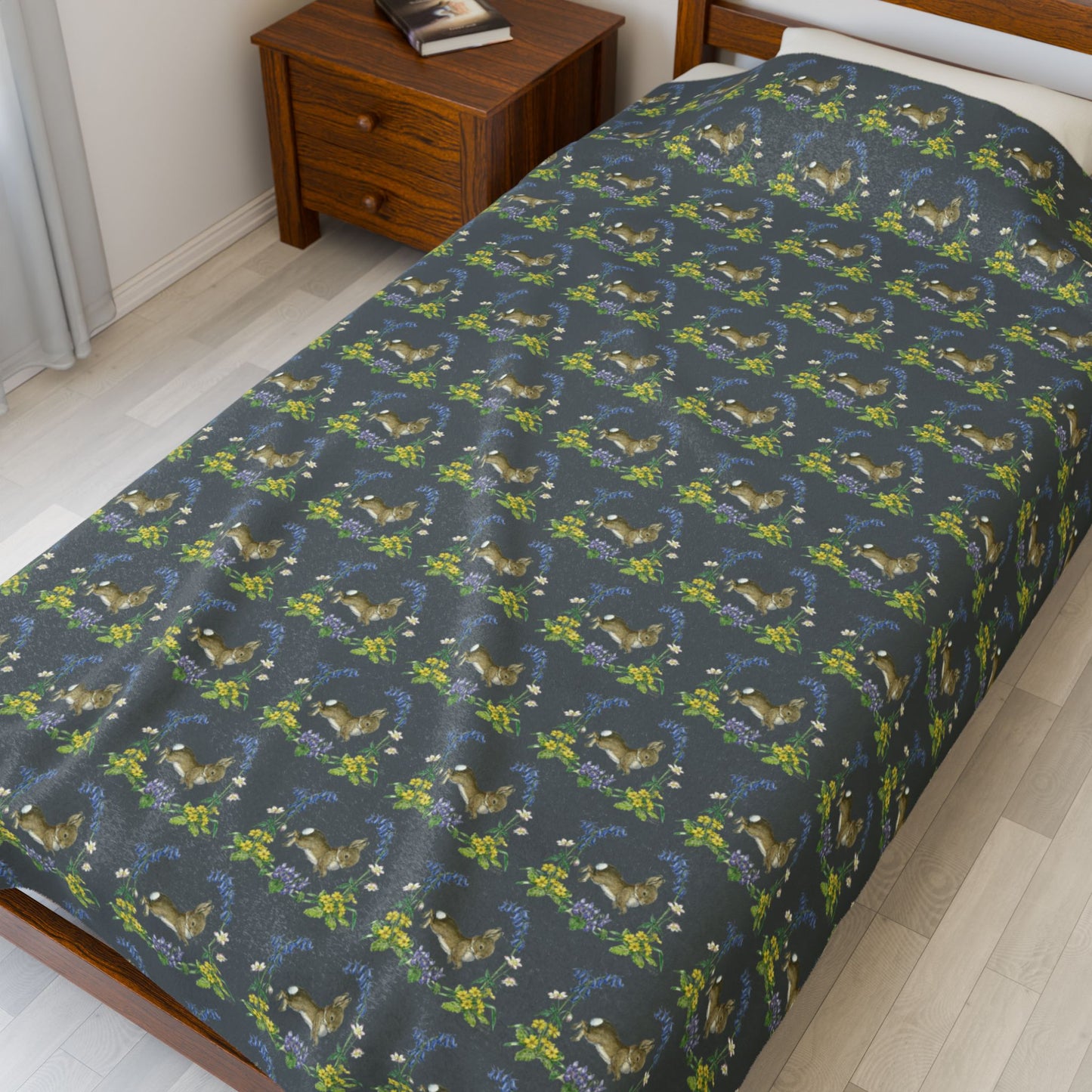 Bunnies and Bluebells Gray Plush Blanket