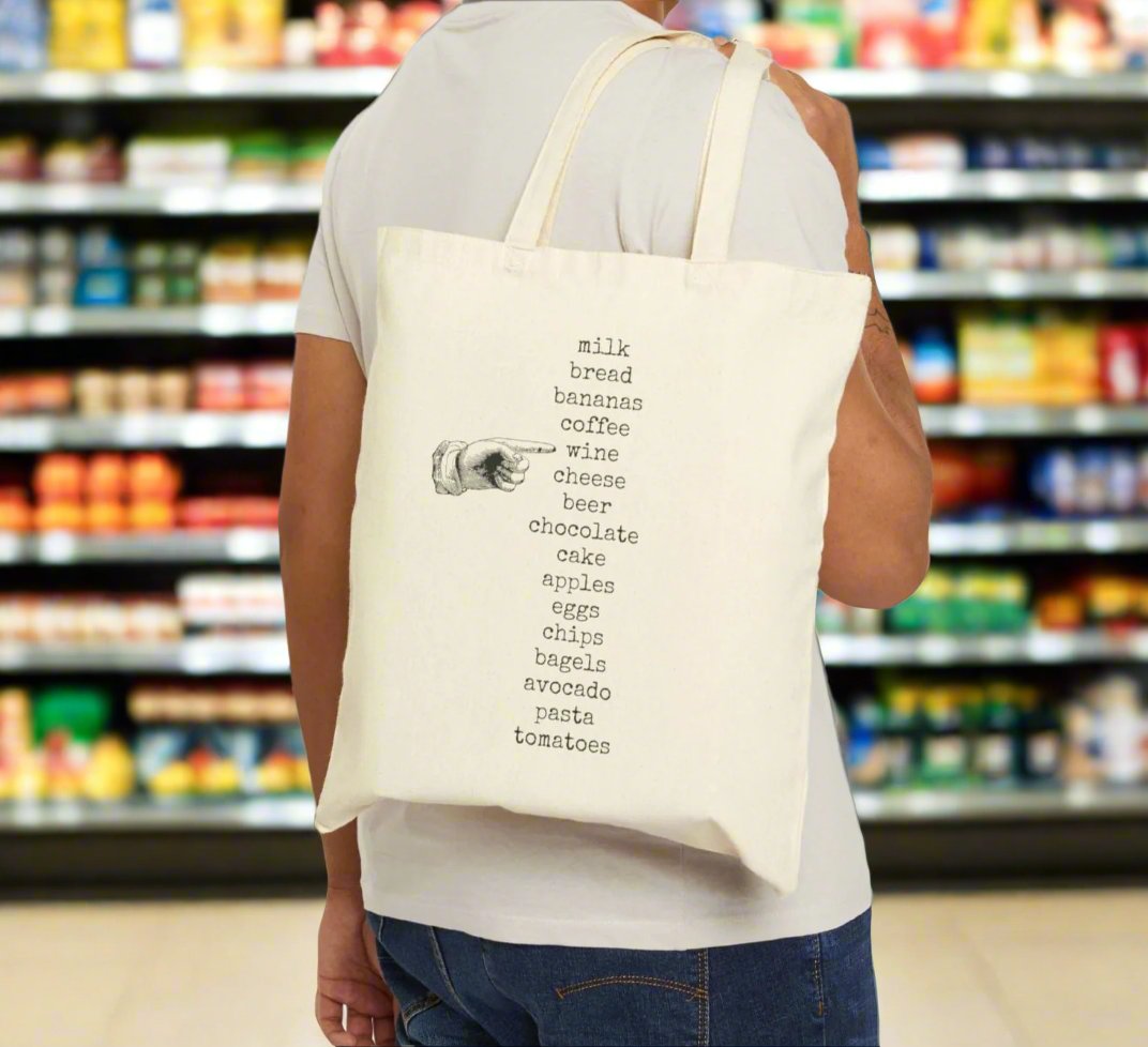 milk bread bananas coffee wine cheese beer chocolate cake apples eggs chips bagels avocado pasta tomatoes chopping list wish list hand point basics tote bag  saying word cotton canvas Victorian illustration funny humor gift present carry food groceries grocery store reusable practical purse shopping woman man strong rucksack large 