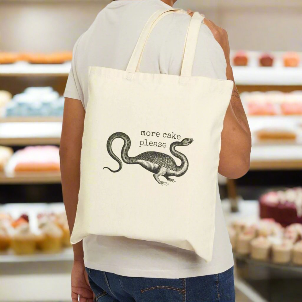 monster more cake please bakery basics tote bag  saying word cotton canvas Victorian illustration funny humor gift present carry food groceries grocery store reusable practical purse shopping woman man strong rucksack 