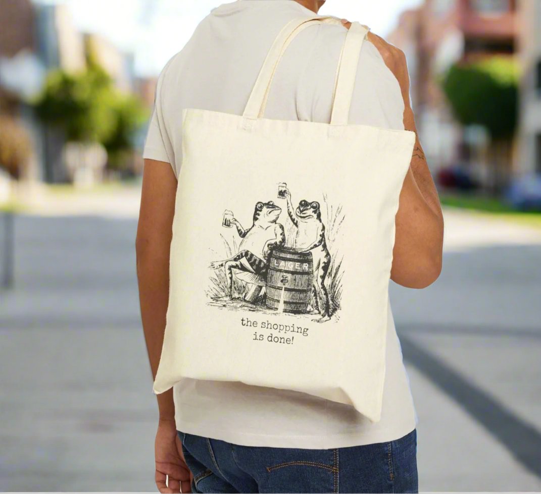 frog toad drinking celebrate barrel drink toast shopping list wish list basics tote bag  saying word cotton canvas Victorian illustration funny humor gift present carry food groceries grocery store reusable practical purse shopping woman man strong rucksack large 