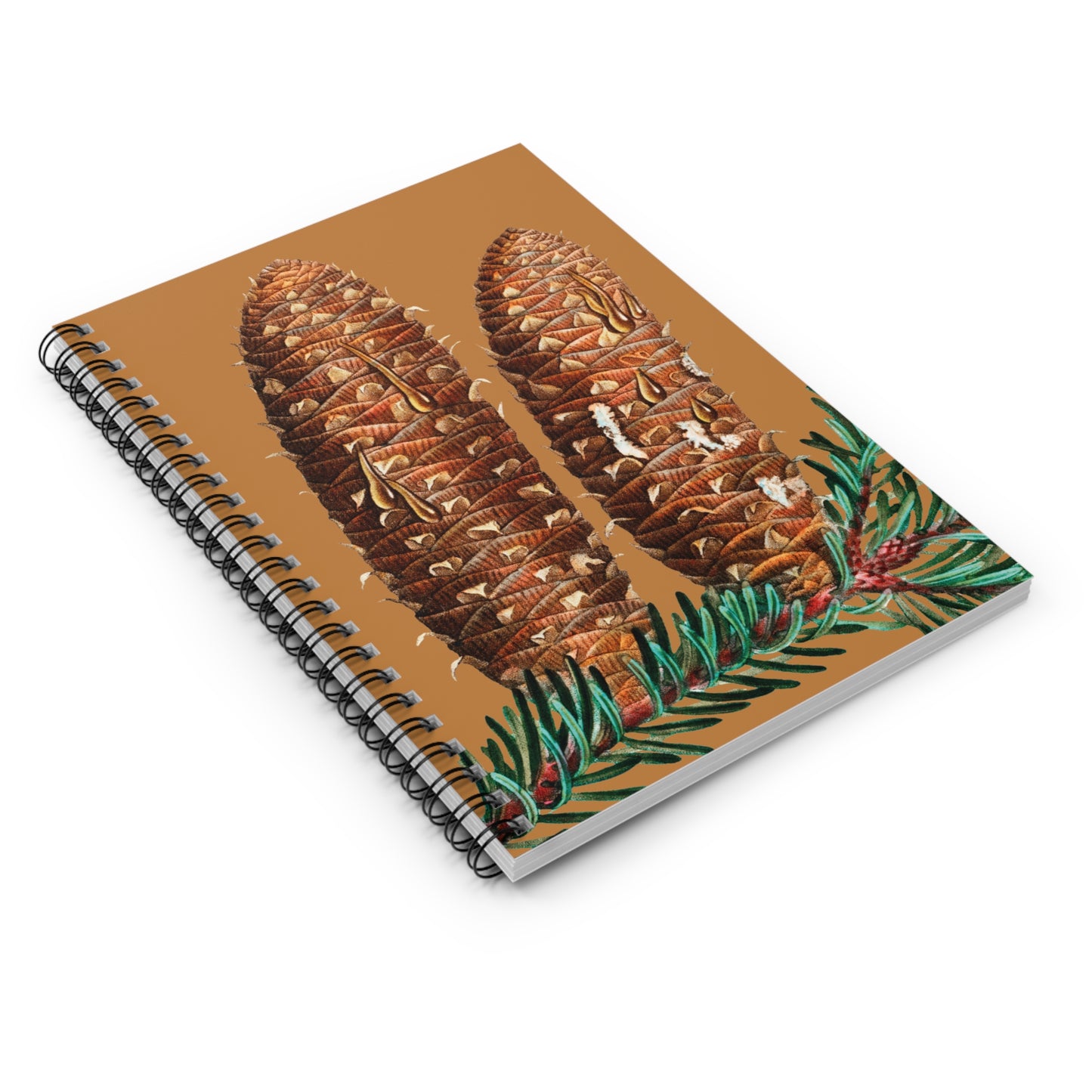 Notebook with pine cone design on a brown background