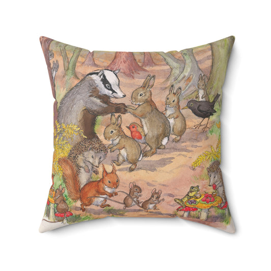 Decorative pillow with a vintage-style illustration of animals in a forest setting.