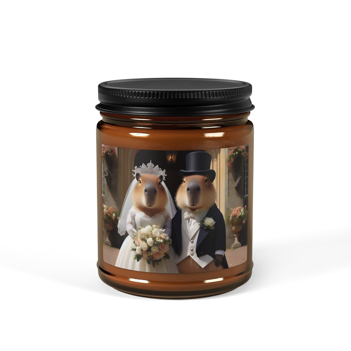 capybara couple married marriage top hat and tails white dress church ceremony bouquet flowers romantic wedding table animal soy candle amber jar funny cute sweet humor animal lover evening night light lit atmosphere bath romantic lovers man and woman home house decor fall autumn date night gift present Christmas Halloween holiday picks festive season fragrance scented unscented couple holiday evening