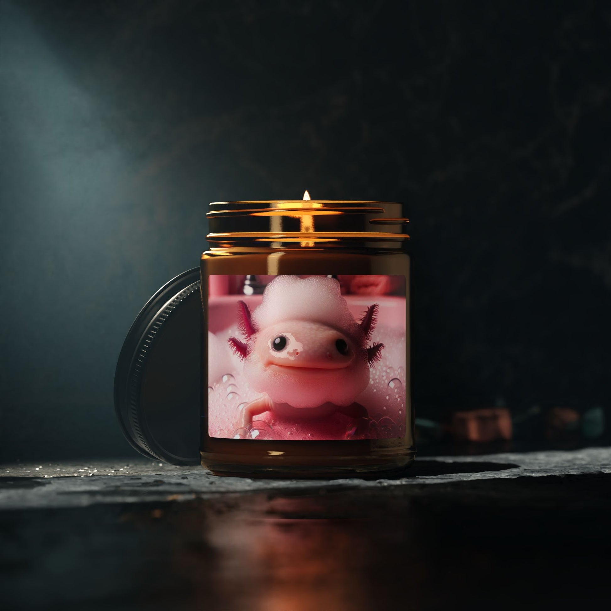 axolotl pink bathroom bath bubble beard water bathe amphibian animal soy candle amber jar funny cute sweet humor animal lover evening night light lit atmosphere bath romantic lovers man and woman home house decor fall autumn date night gift present Christmas Halloween holiday picks festive season fragrance scented unscented 
