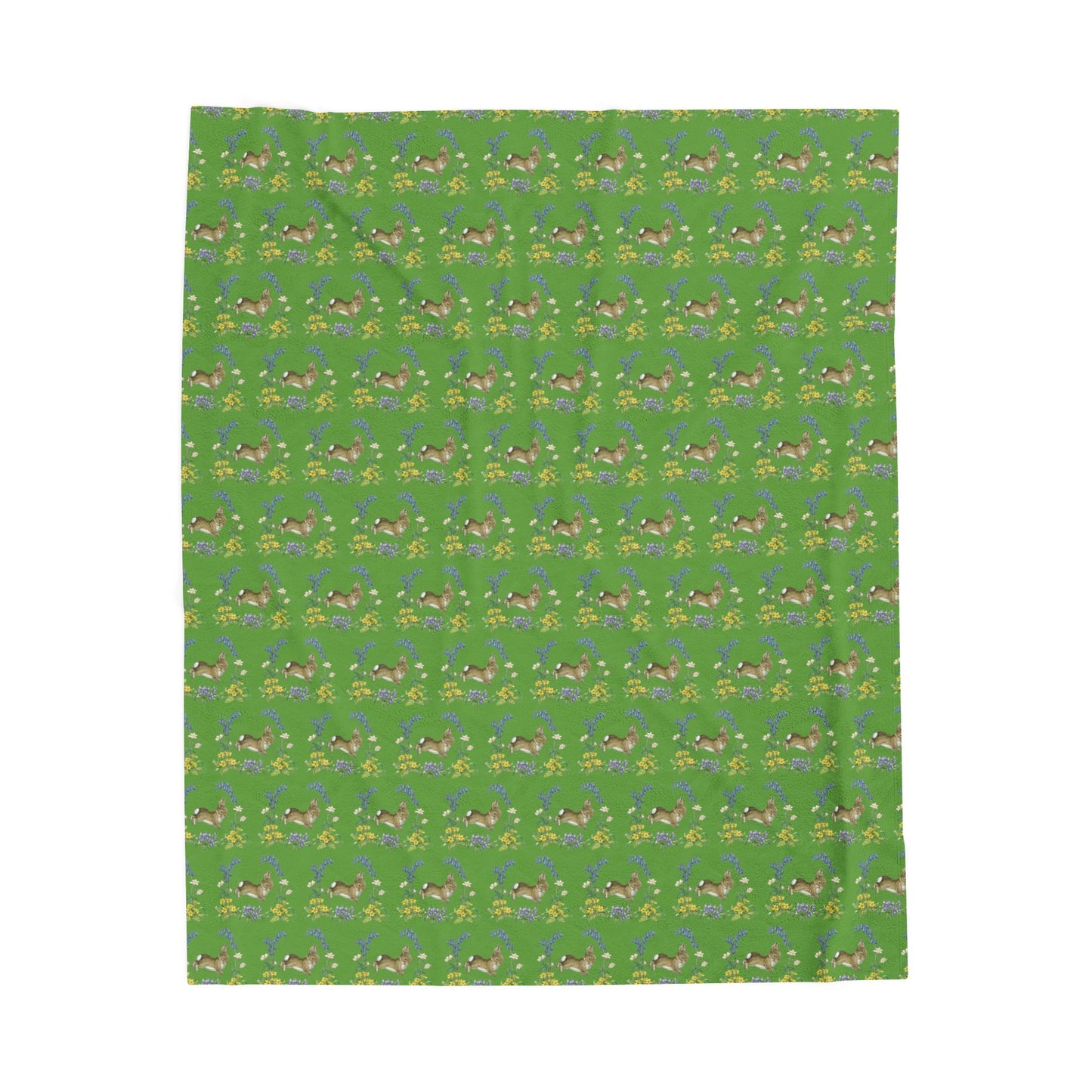 Bunnies and Bluebells Green Plush Blanket
