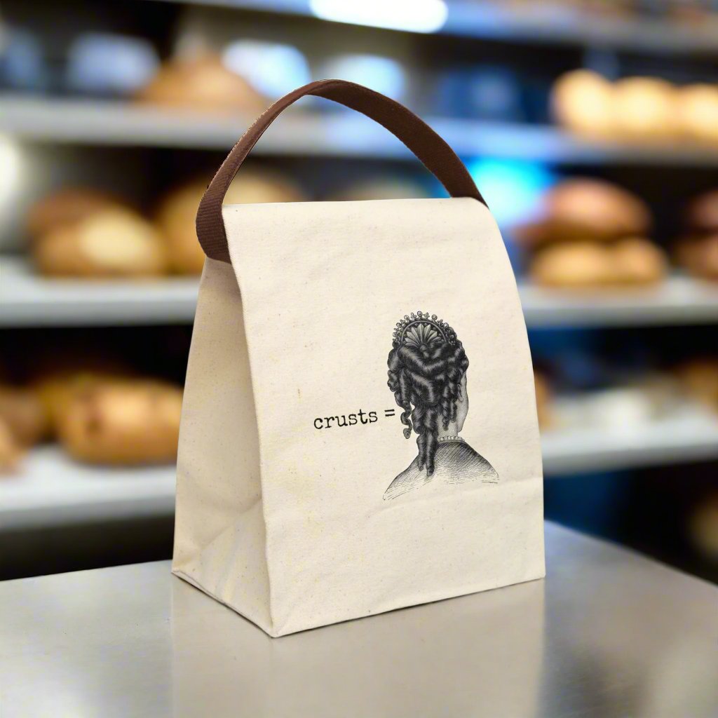 crusts  bread loaf curly hair Victorian illustration quote word play funny humor joke gift present lunch bag canvas cotton reusable eco-friendly meal eat food dinner breakfast hungry kitchen cook work school cafeteria midday co-worker carry out take-away on-the-go sandwich drink sub 