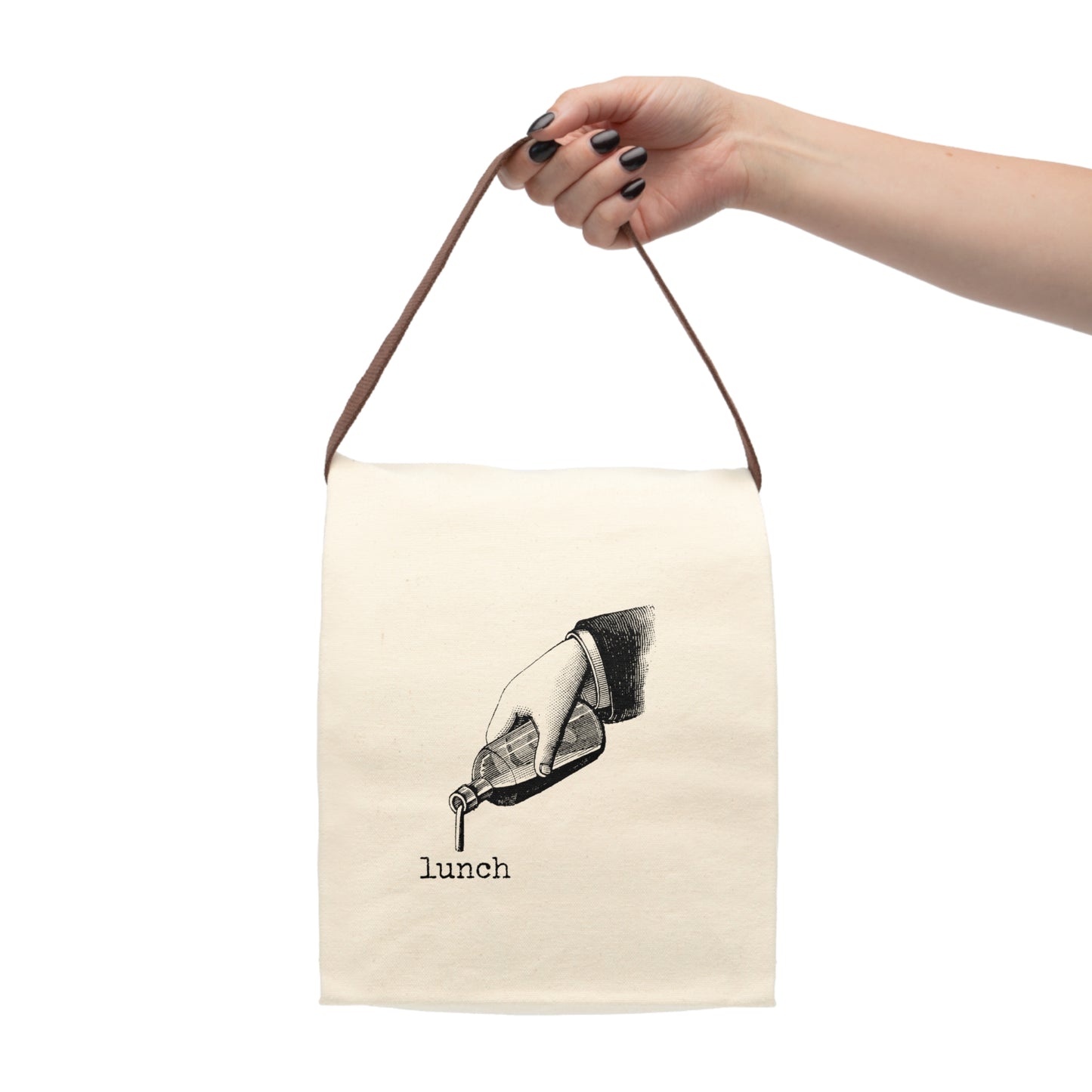 hand drink bottle liquid lunch Victorian illustration quote word play funny humor joke gift present lunch bag canvas cotton reusable eco-friendly meal eat food dinner breakfast hungry kitchen cook work school cafeteria midday co-worker carry out take-away on-the-go 