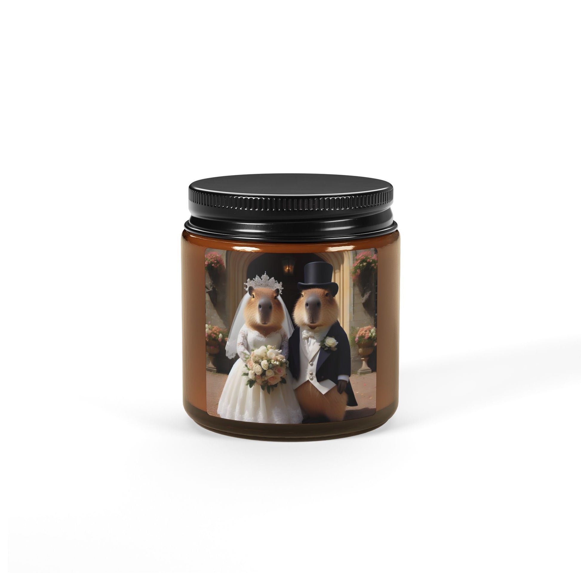 capybara couple married marriage top hat and tails white dress church ceremony bouquet flowers romantic wedding table animal soy candle amber jar funny cute sweet humor animal lover evening night light lit atmosphere bath romantic lovers man and woman home house decor fall autumn date night gift present Christmas Halloween holiday picks festive season fragrance scented unscented couple holiday evening