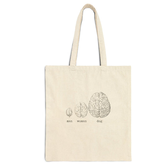 man woman dog doggie bulldog retriever Labrador husky shepherd brain pet owner fur baby basics tote bag rude saying word cotton canvas Victorian illustration funny humor gift present carry food groceries grocery store reusable practical purse shopping woman man strong rucksack 