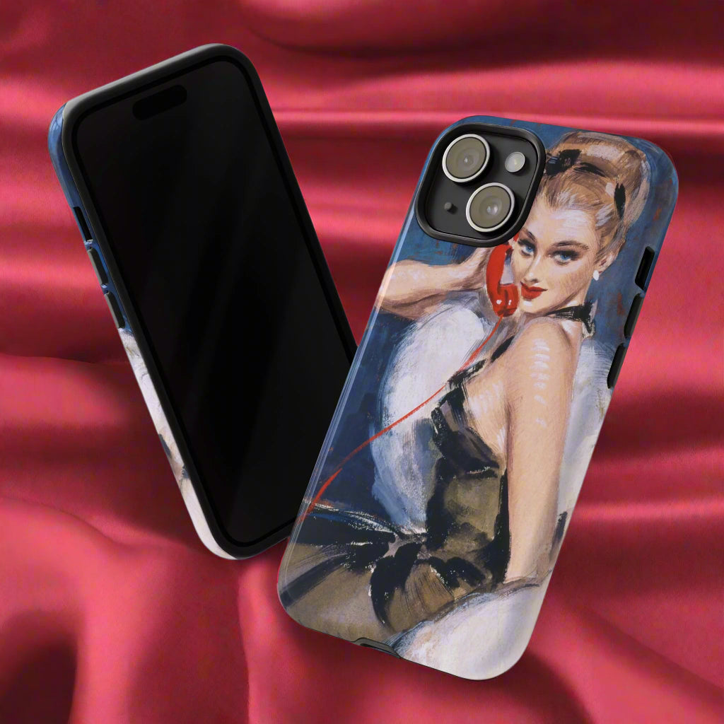 phone case cover featuring a david Wright pin up girl from the 1940s . She wears a black dress and is holing a old fashioned red telephone 