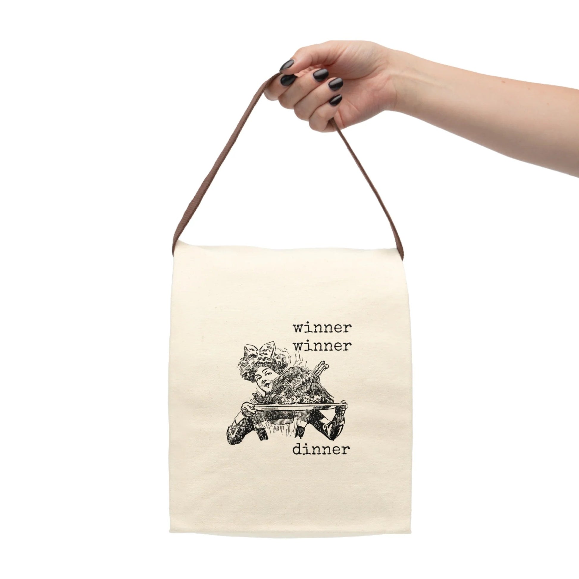 winner chicken dinner lady woman Victorian illustration quote word play funny humor joke gift present lunch bay canvas cotton reusable eco-friendly meal eat dinner breakfast hungry kitchen cook work school cafeteria midday co-worker carry out take-away on-the-go 