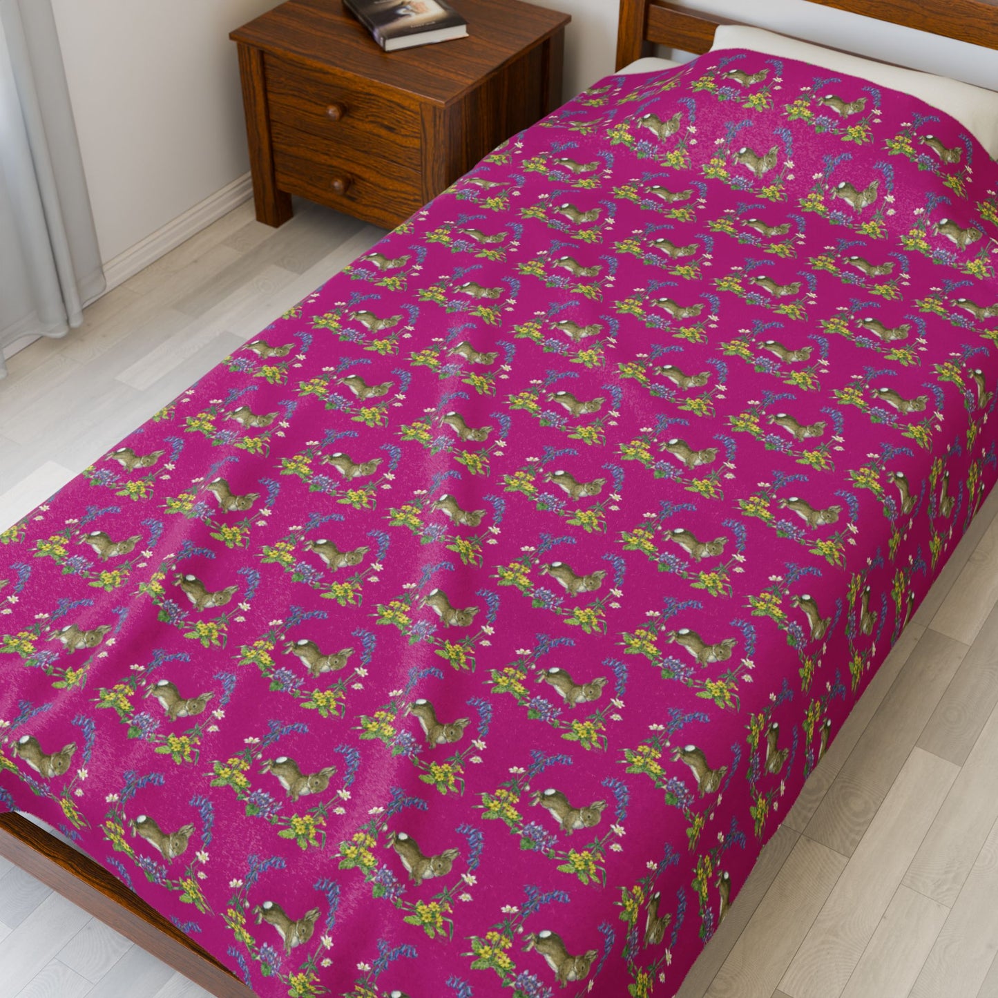 Bunnies and Bluebells Pink Plush Blanket