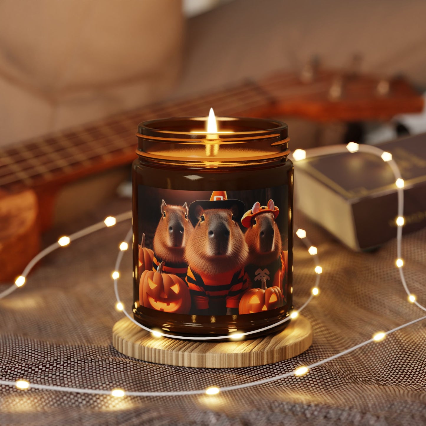 Scented Soy Candle in an Amber Jar, Halloween Fall Wizard Capybara with Pumpkins