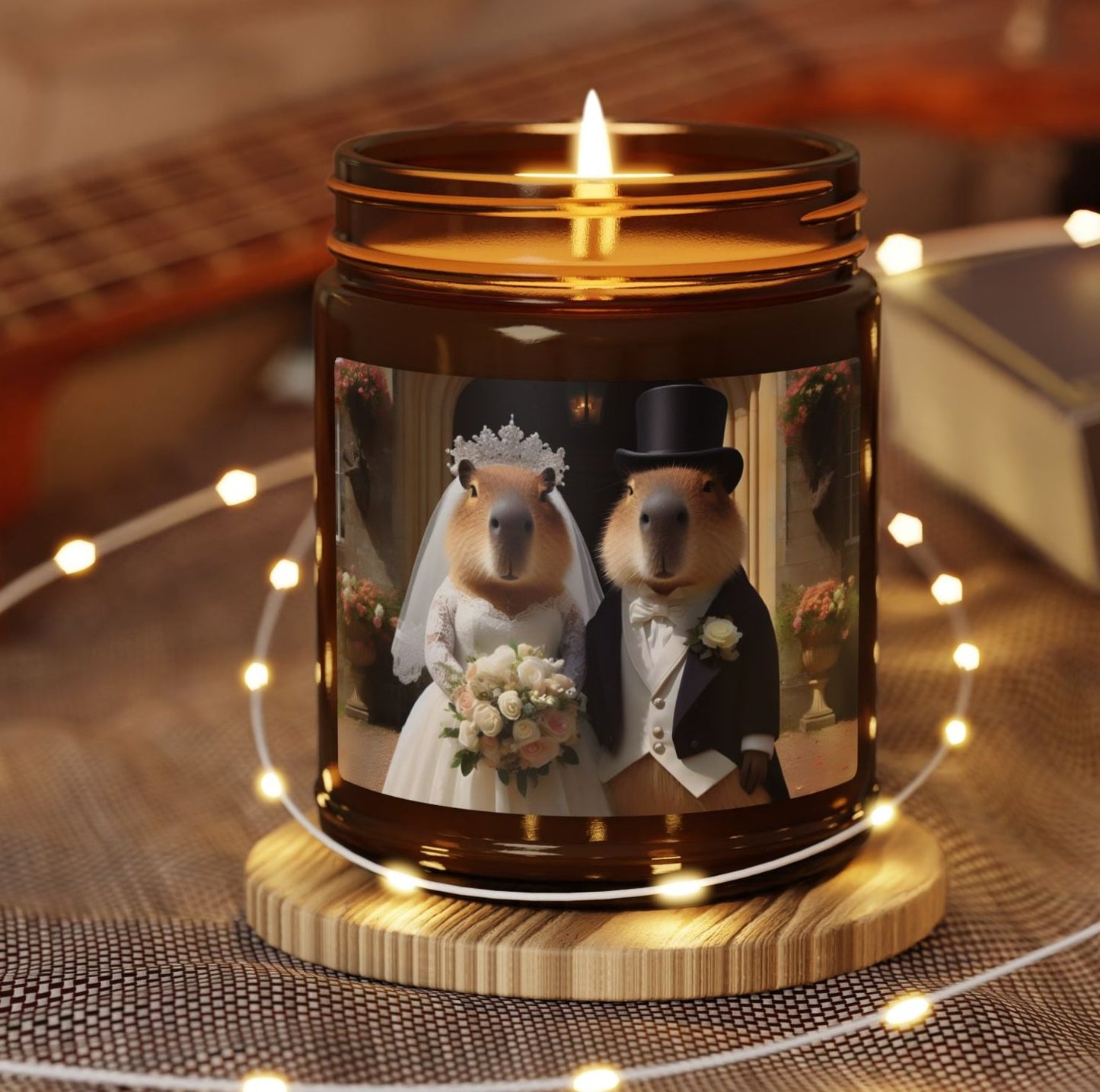 capybara couple married marriage top hat and tails white dress church ceremony bouquet flowers romantic wedding table animal soy candle amber jar funny cute sweet humor animal lover evening night light lit atmosphere bath romantic lovers man and woman home house decor fall autumn date night gift present Christmas Halloween holiday picks festive season fragrance scented unscented couple holiday evening