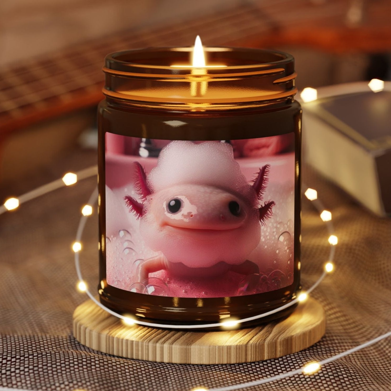 axolotl pink bathroom bath bubble beard water bathe amphibian animal soy candle amber jar funny cute sweet humor animal lover evening night light lit atmosphere bath romantic lovers man and woman home house decor fall autumn date night gift present Christmas Halloween holiday picks festive season fragrance scented unscented 