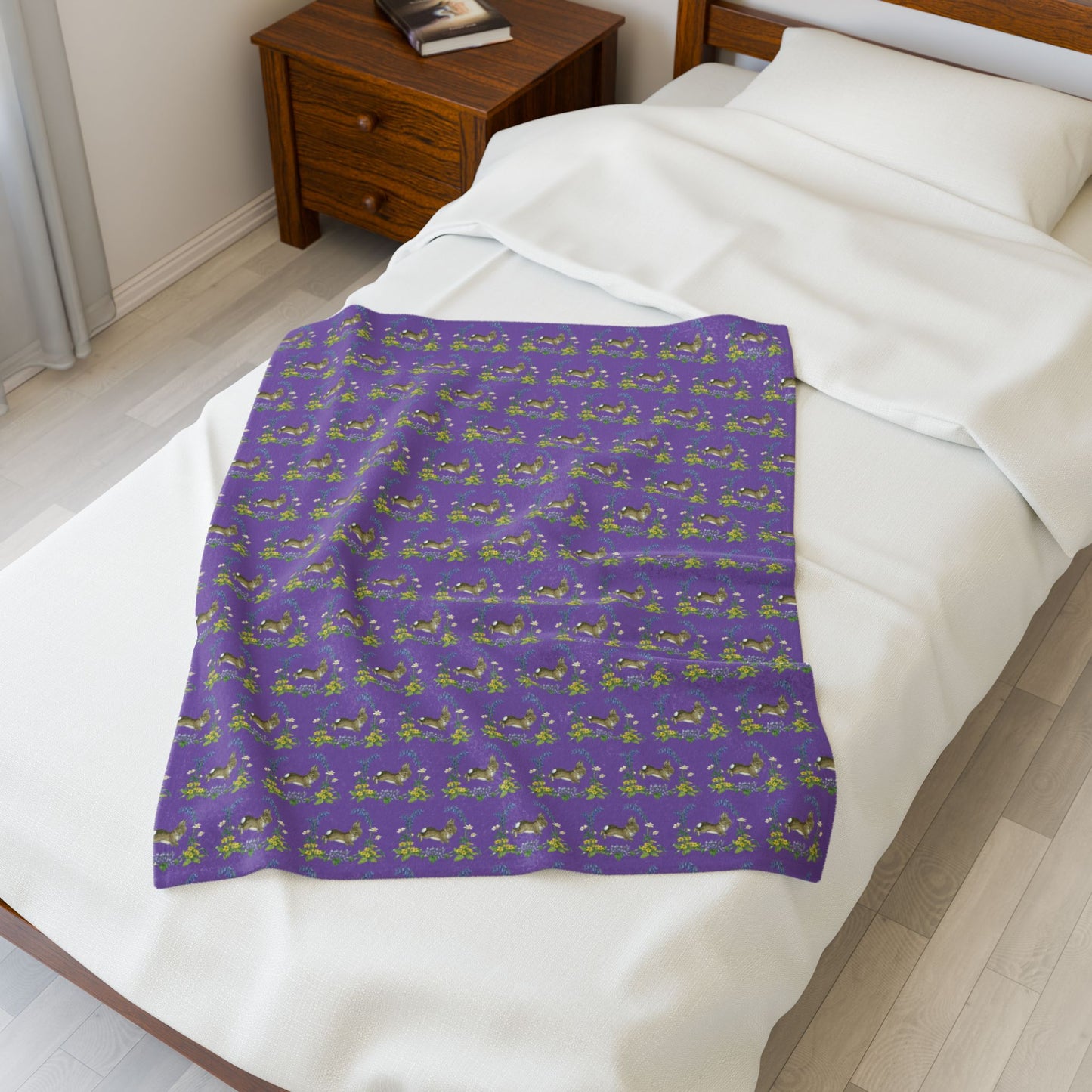 Bunnies and Bluebells Purple Plush Blanket