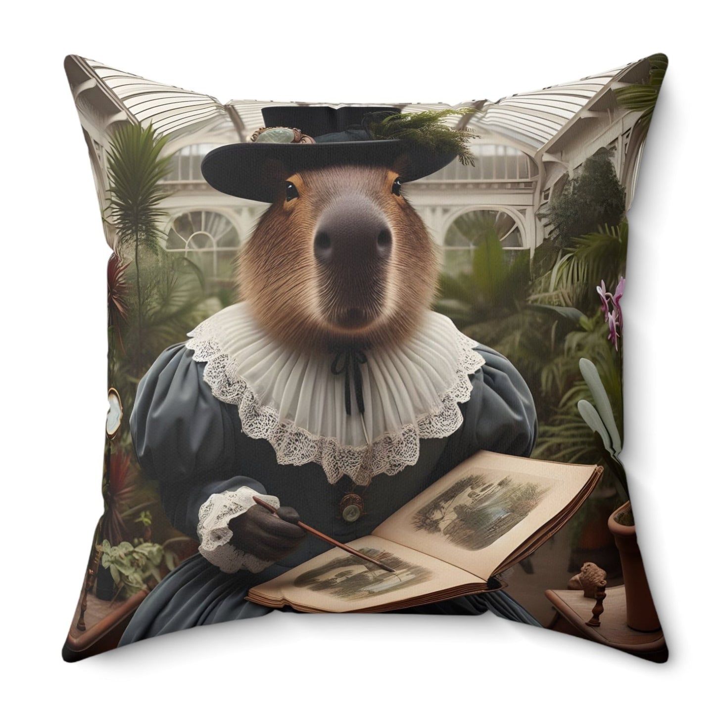 Square Pillow - capybara Victorian plant collector