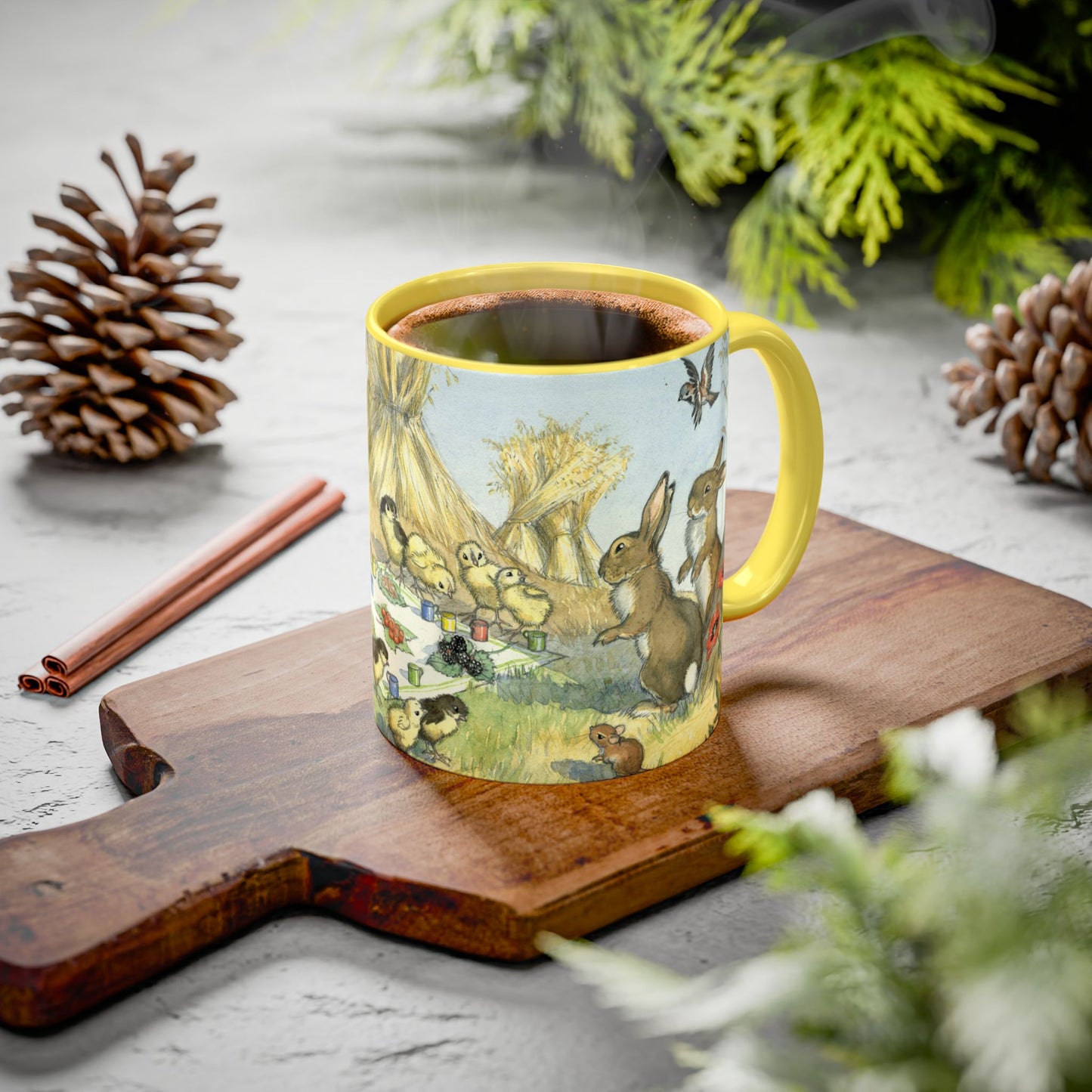 Chicken and Chicks Picnic Yellow Mug