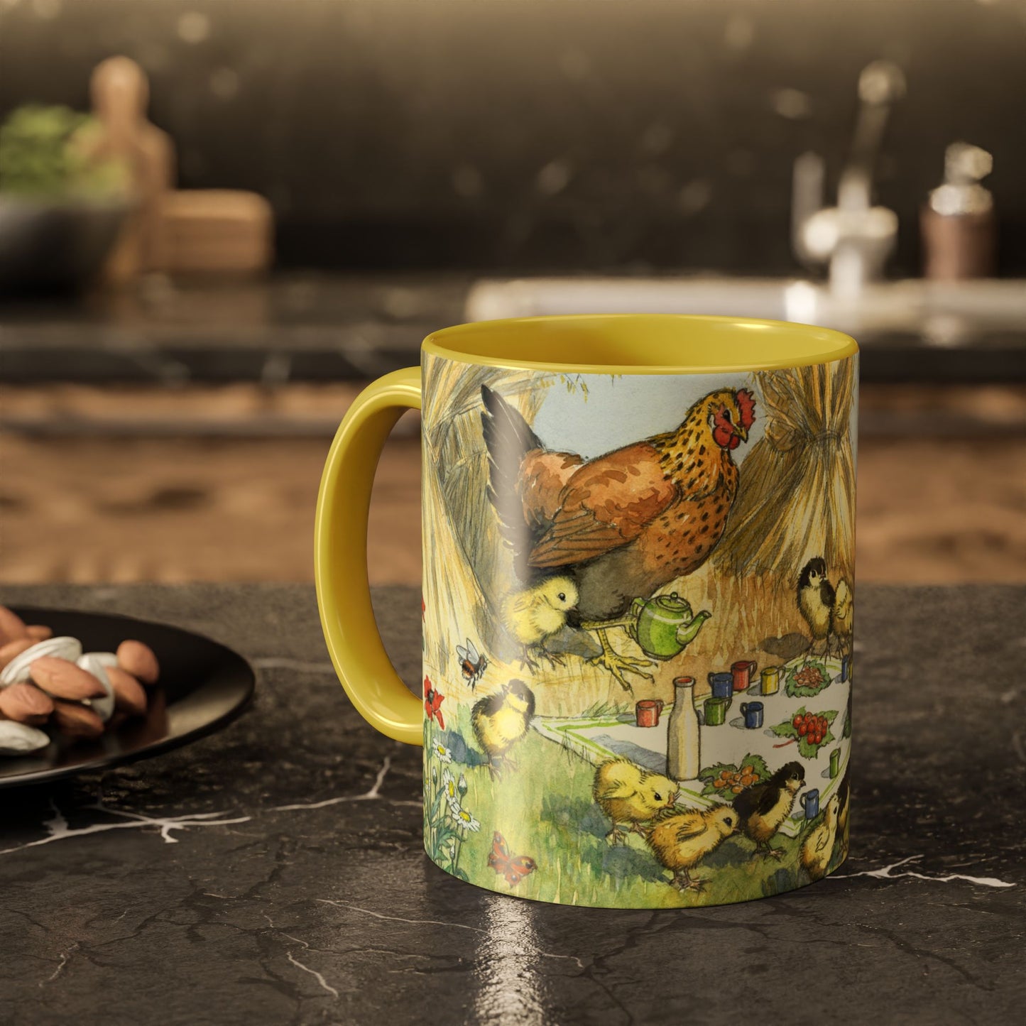 Chicken and Chicks Picnic Yellow Mug