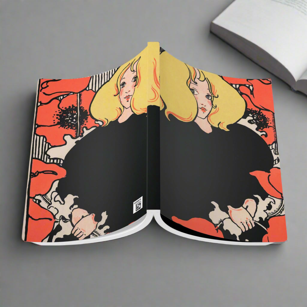 poppy girl 70s blond woman girl notebook journal lined paper black red vintage illustration 