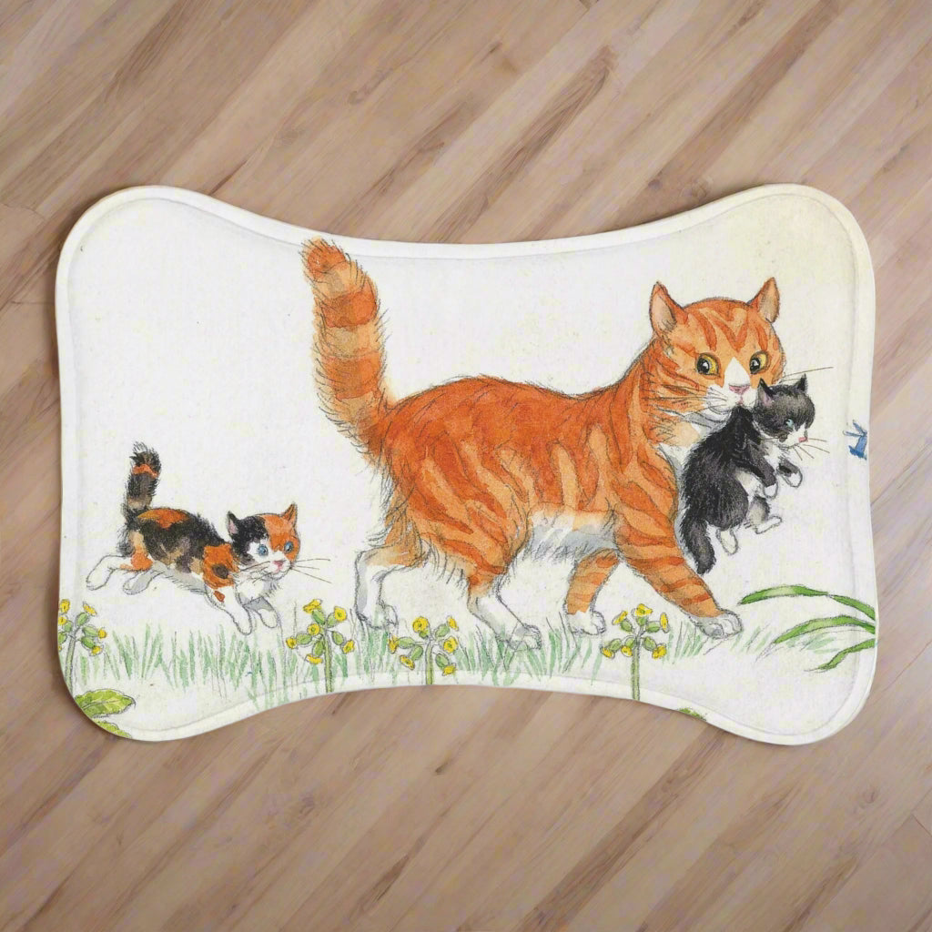 ginger cat fur baby feeding mat pet vintage illustration Molly Brett Beatrix Potter kittens homeware