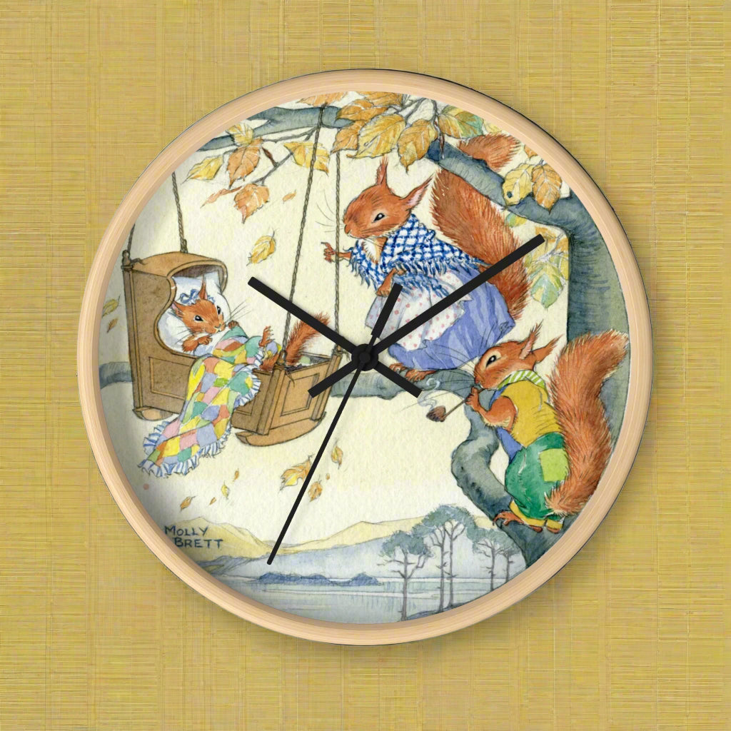 squirrel clock Molly Brett illustration Beatrix Potter lullaby nursery baby shower kids room homeware