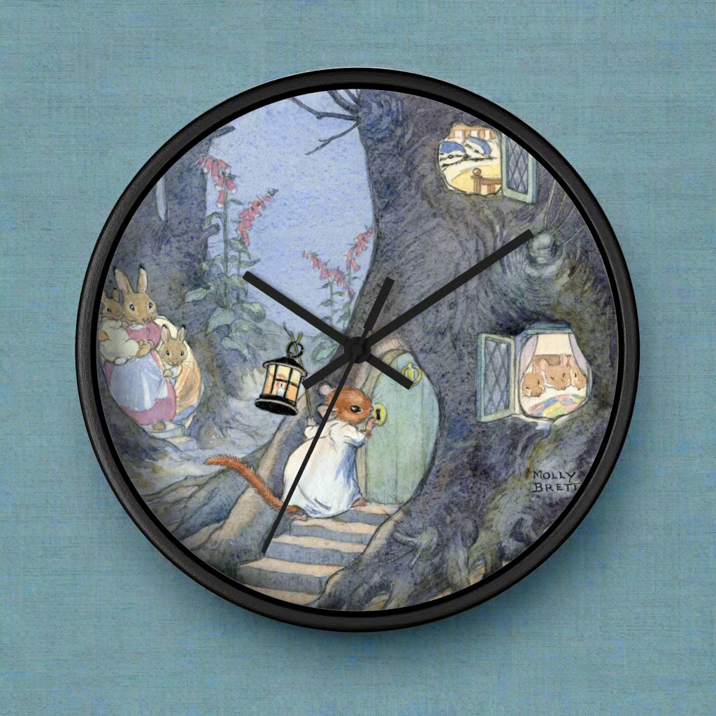 wee willie winkie mouse rabbit nursery rhyme lullaby Molly Brett Beatrix Potter night time evening baby shower clock telling time 