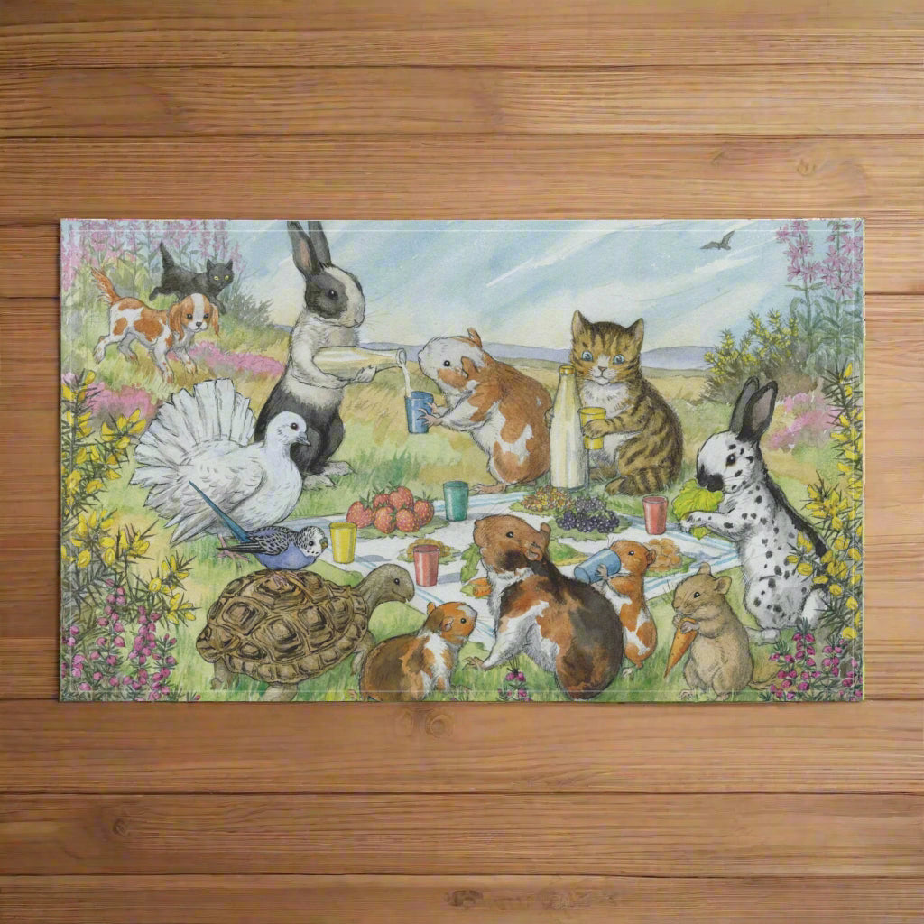 rabbit guinea pig kitten tortoise budgie cat dog picnic whimsical illustration tea towel for washing and drying dishes in a kitchen by Molly Brett Beatrix Potter