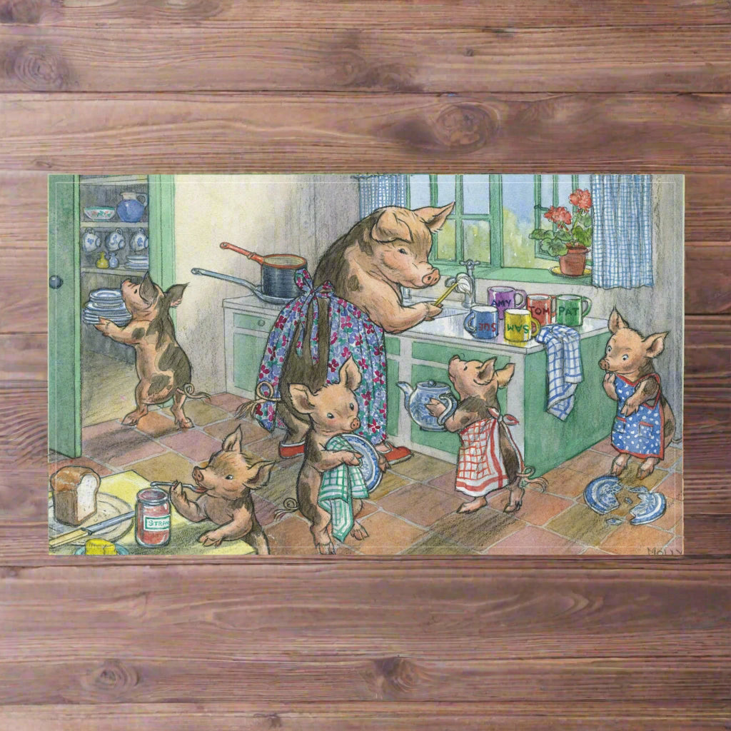 pig washing up doing the dishes whimsical kitchen tea towel by Molly Brett Beatrix Potter vintage housewarming gift