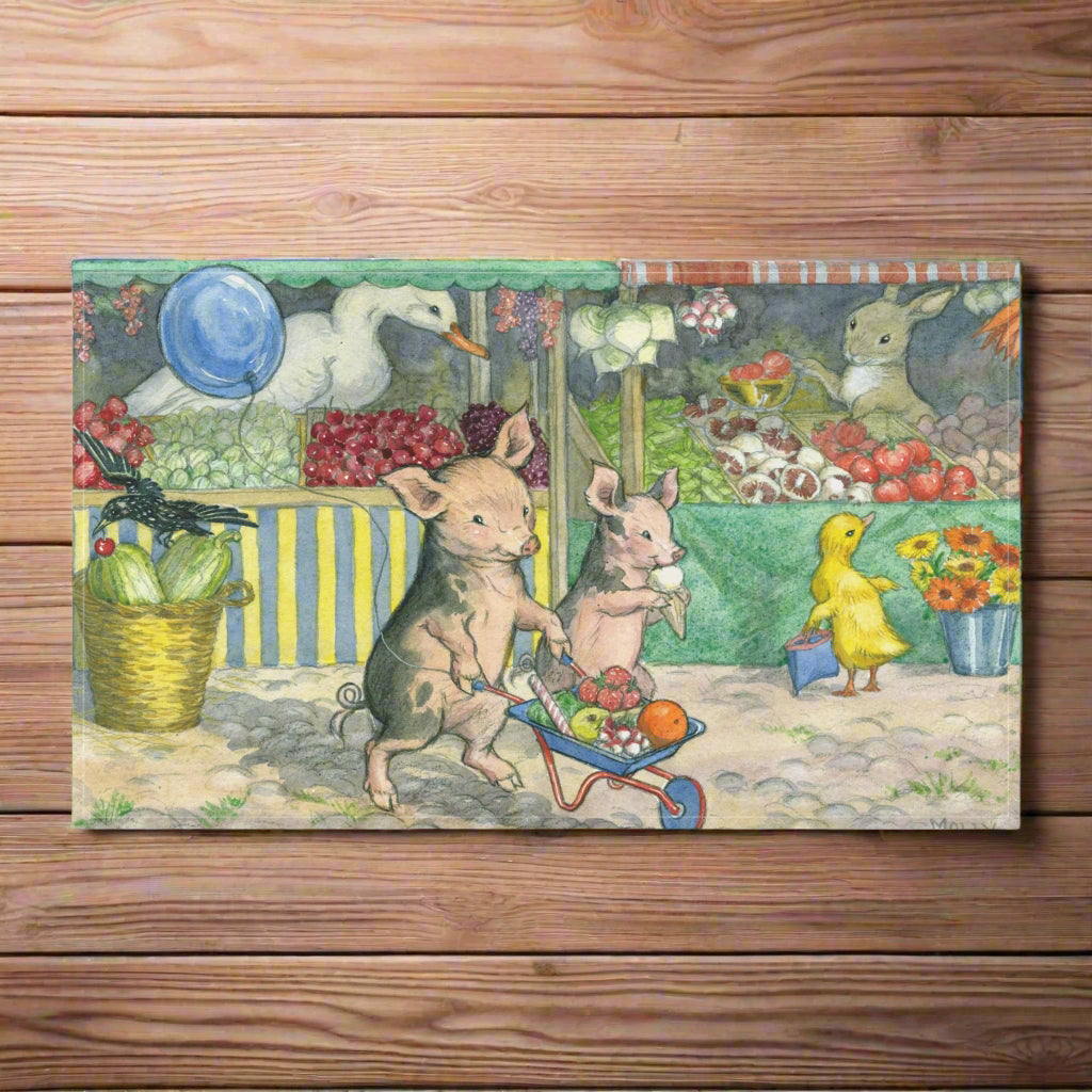pigs market dusk duckling vegetables tea towel washing and drying dishes Molly Brett Beatrix Potter 